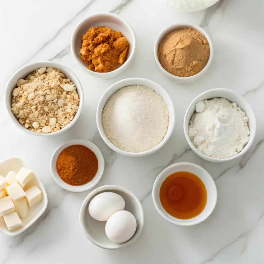 Pumpkin puree, rolled oats, flour, butter, brown sugar, eggs, vanilla, cinnamon, pumpkin pie spice, marshmallow creme, powdered sugar, and cream cheese arranged for making pumpkin oatmeal cream pies.