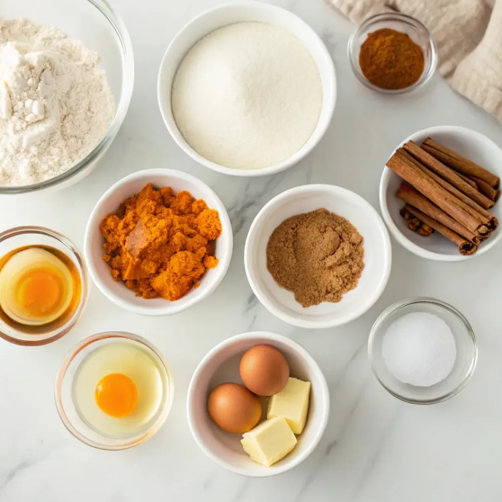 Pumpkin puree, flour, eggs, milk, maple syrup, butter, cinnamon, and pumpkin spices for pancakes.