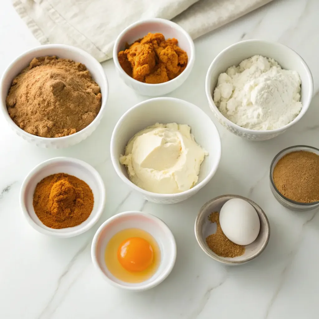 Pumpkin Spice Cupcakes - Soft Fluffy Autumn Treats 6 Pumpkin puree, flour, eggs, brown sugar, butter, cinnamon, pumpkin pie spice, cream cheese, and vanilla arranged for pumpkin spice cupcakes.