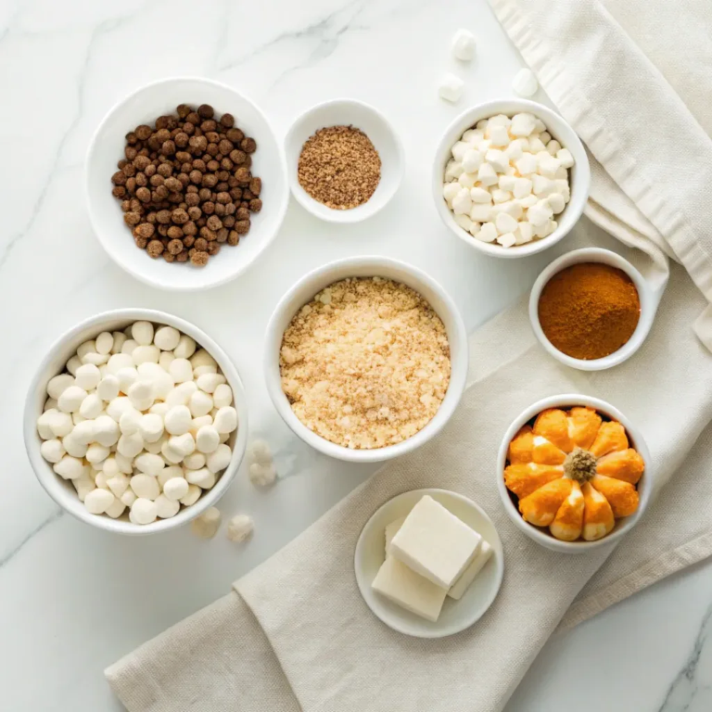 Pumpkin Spice Rice Krispie Treats - Chewy No-Bake Autumn Squares 6 Rice Krispies cereal, marshmallows, butter, pumpkin pie spice, vanilla, white chocolate, and sprinkles arranged for pumpkin spice Rice Krispie treats.