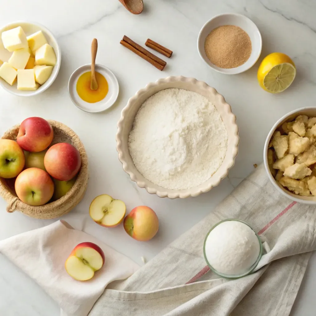 Rustic Apple Tart - Flaky Golden French Bakery Galette 6 Fresh apples, flour, butter, sugar, cinnamon, lemon, and pastry ingredients for rustic apple tart.