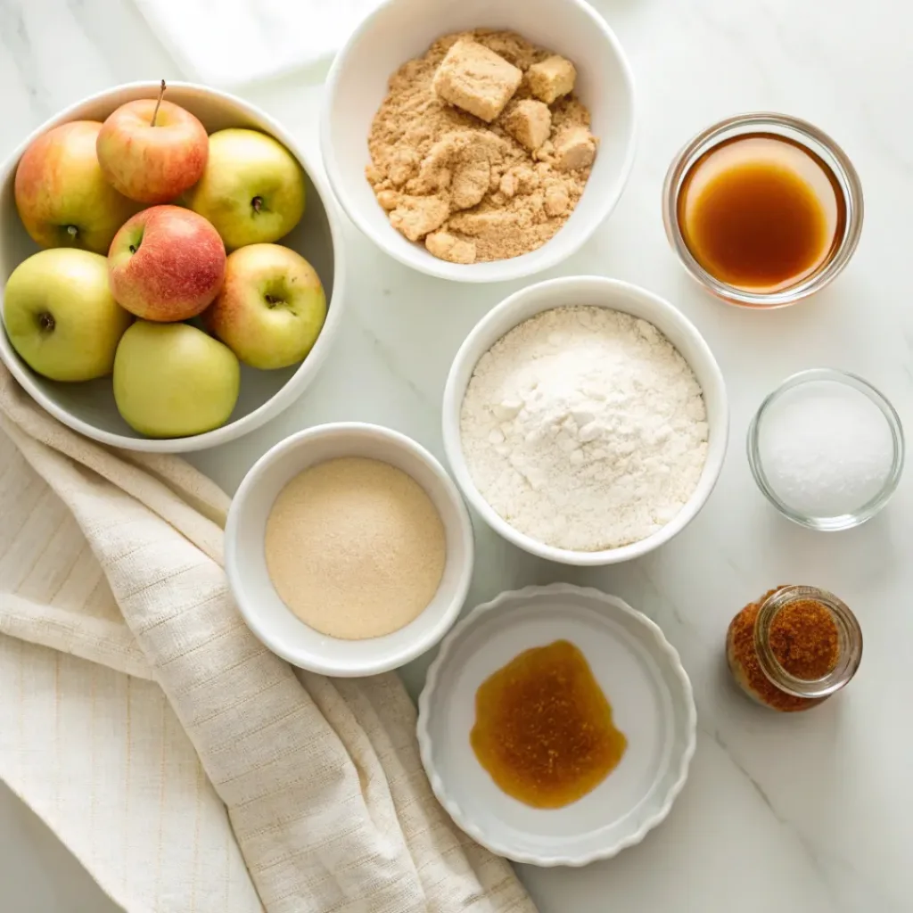 Fresh apples, flour, butter, brown sugar, granulated sugar, cinnamon, caramel sauce, sea salt, vanilla, and baking ingredients arranged for salted caramel apple pie bars.