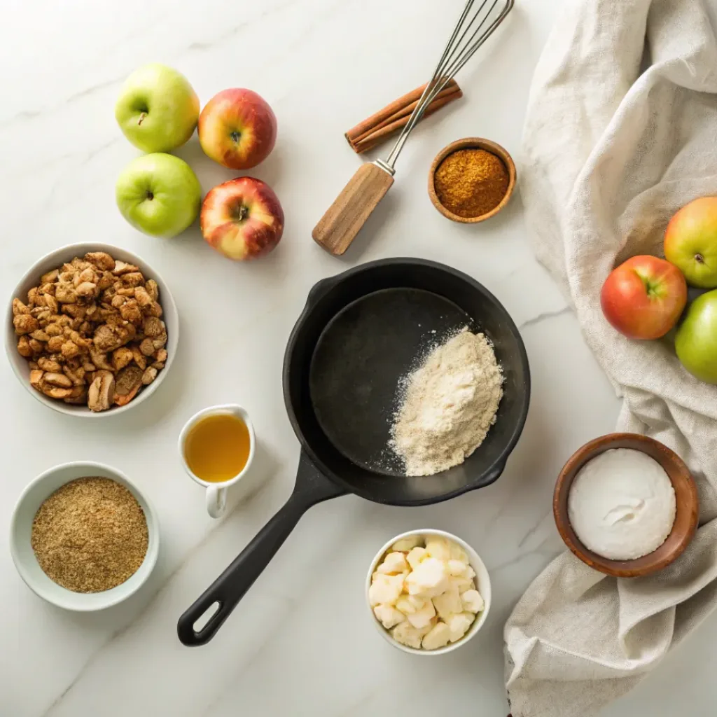Fresh apples, rolled oats, flour, butter, brown sugar, cinnamon, pecans, lemon, and maple syrup for apple crisp.