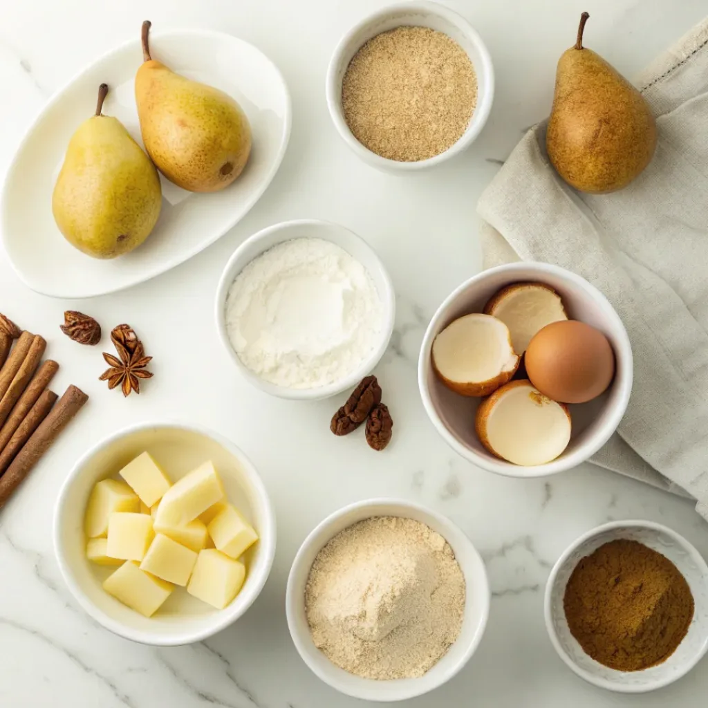 Spiced Pear Bread Recipe - Moist Sweet Autumn Loaf 6 Fresh pears, flour, butter, eggs, brown sugar, cinnamon, nutmeg, vanilla, and baking ingredients for spiced pear bread.