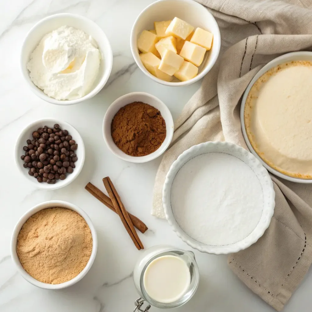 Heavy cream, sugar, flour, butter, vanilla, cinnamon, and pie crust ingredients for sugar cream pie.