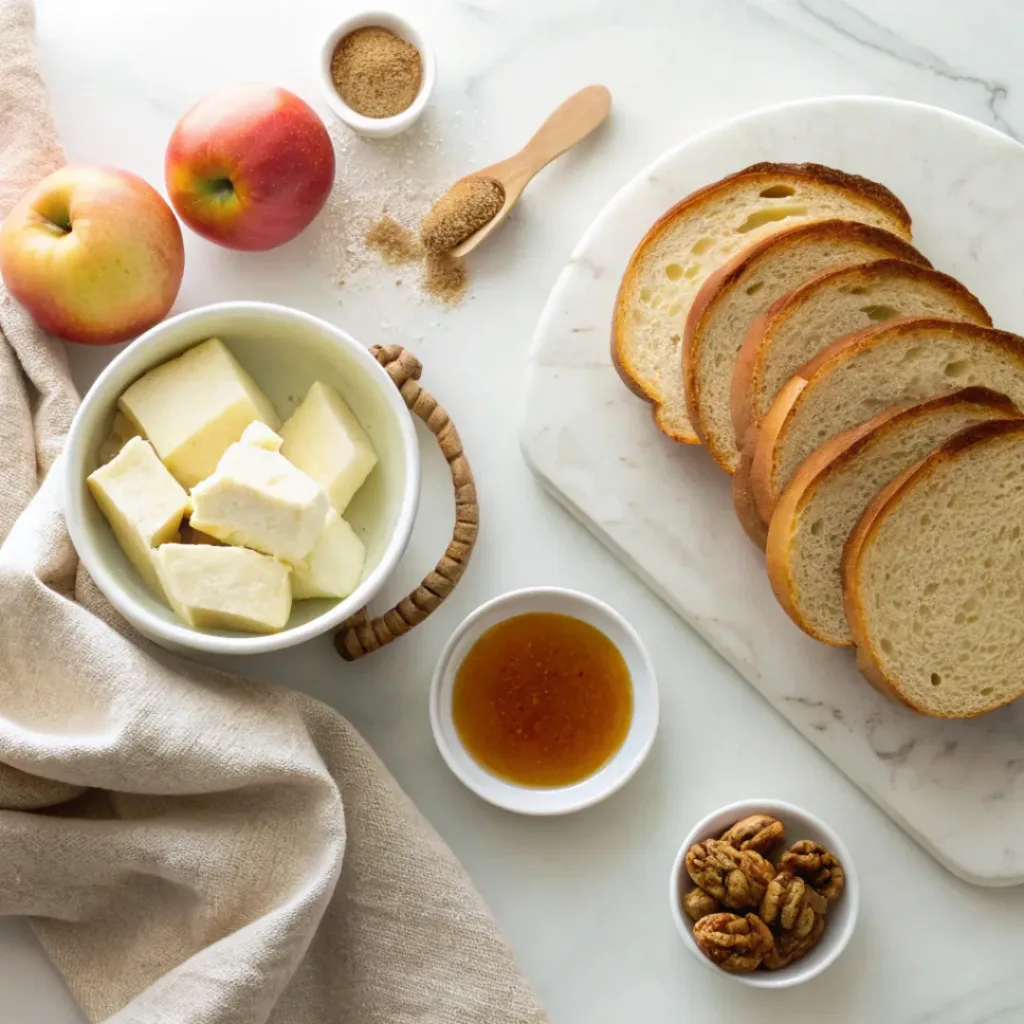 Sweet Butter Board Dessert - Easy Party Snack Idea 6 Salted butter, sourdough bread, apple slices, maple syrup, cinnamon, and cinnamon sugar pecans arranged for making a sweet butter board.