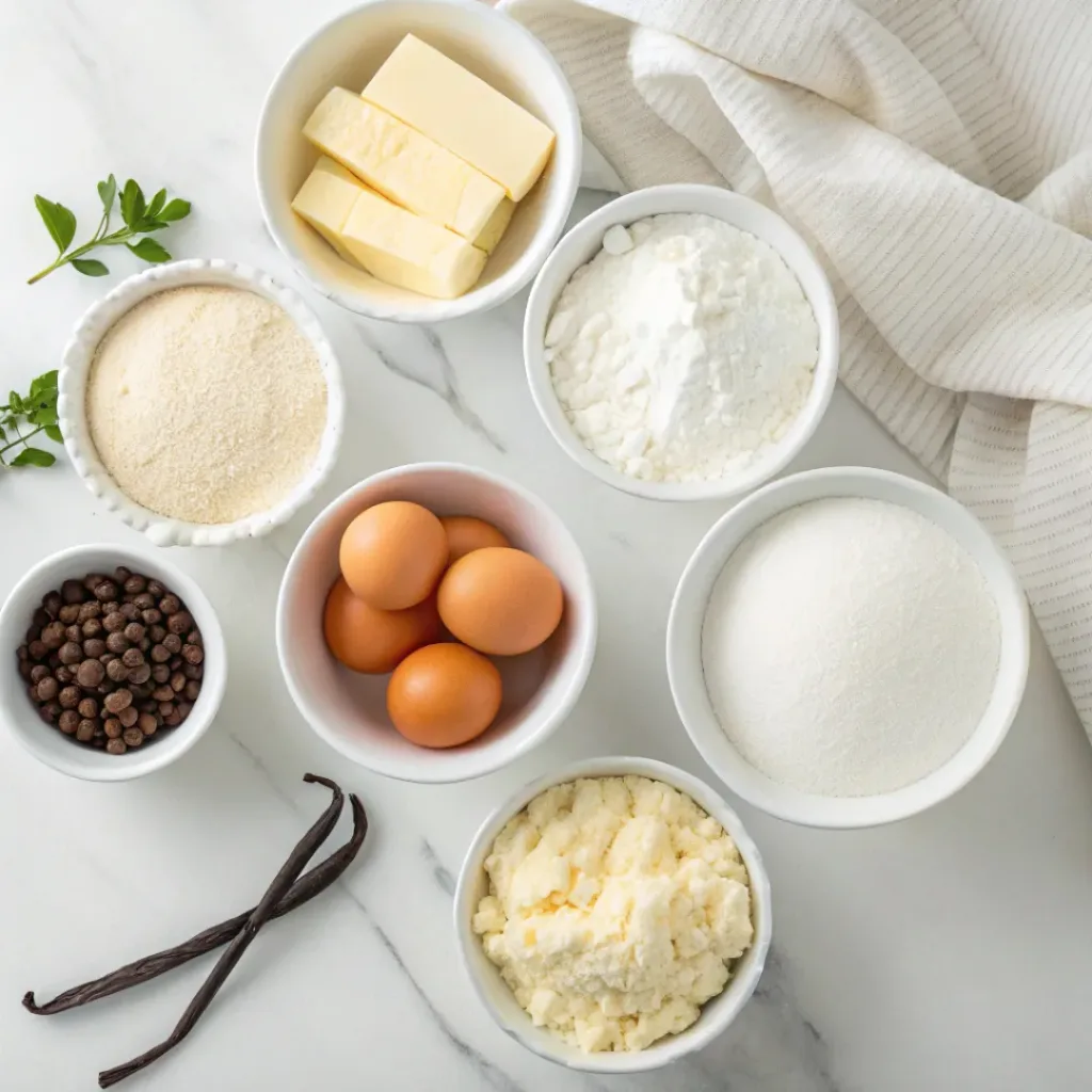 Flour, butter, sugar, eggs, milk, vanilla, baking powder, and powdered sugar for vanilla buttercream cake.