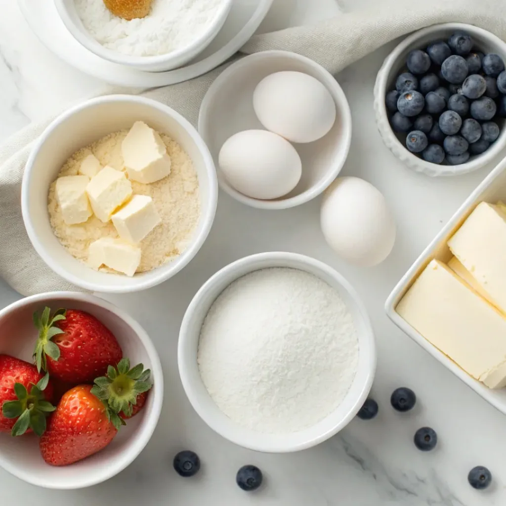 Butter, flour, sugar, eggs, vanilla, milk, and baking ingredients arranged for homemade vanilla pound cake.