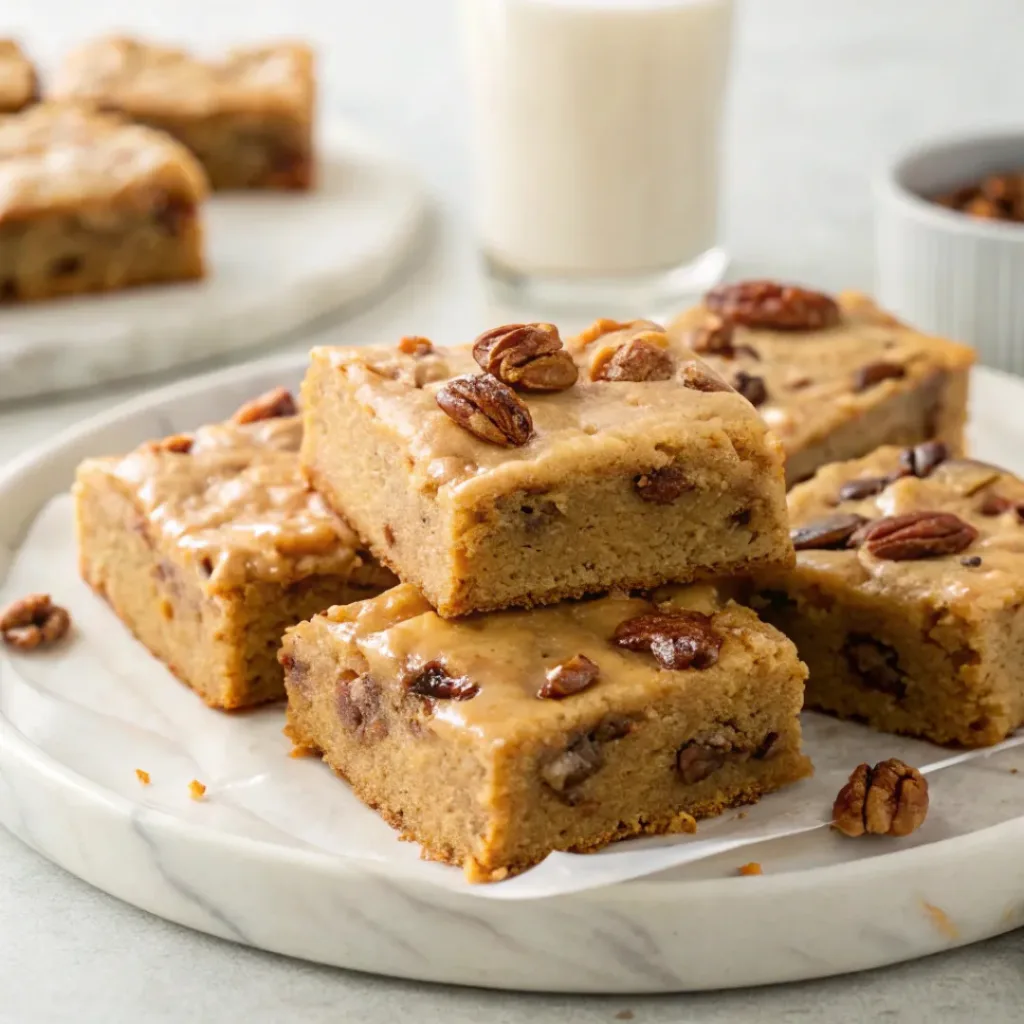 Homemade maple pecan blondies with toasted pecans and maple glaze on a serving platter.