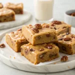 Homemade maple pecan blondies with toasted pecans and maple glaze on a serving platter.