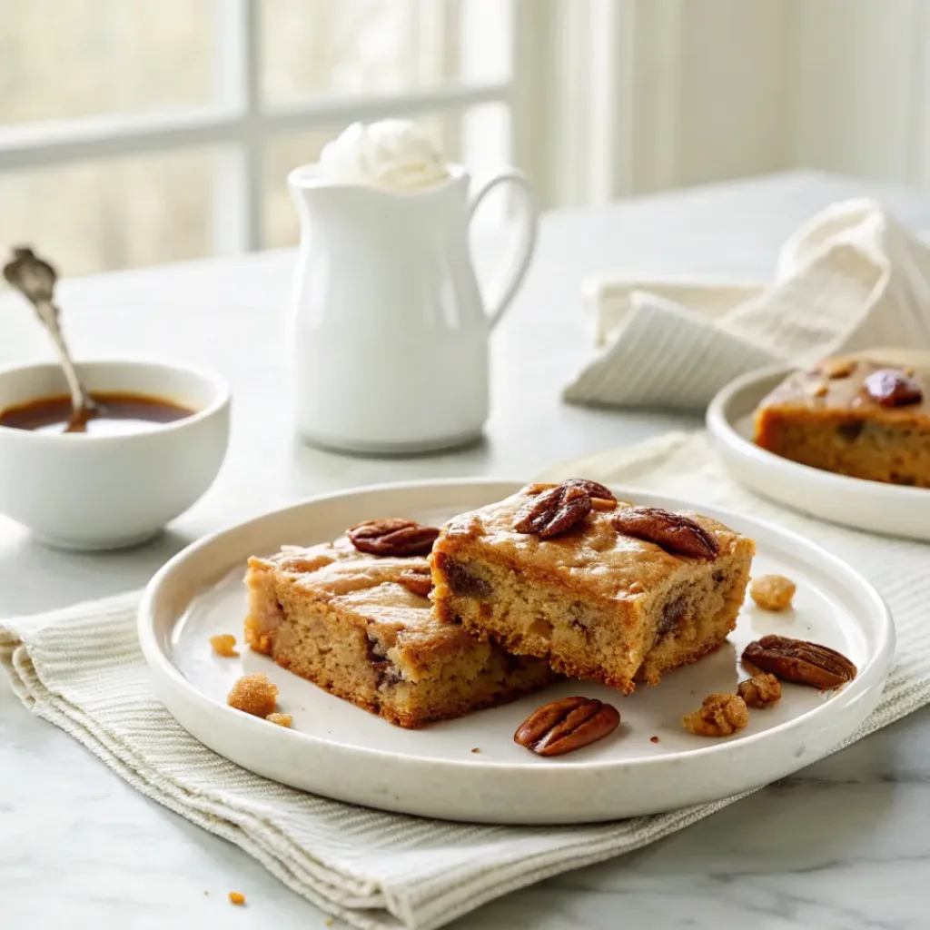 Maple Pecan Blondies - Chewy Nutty Brown Sugar Bars 8 Maple pecan blondies served with coffee and extra maple syrup.