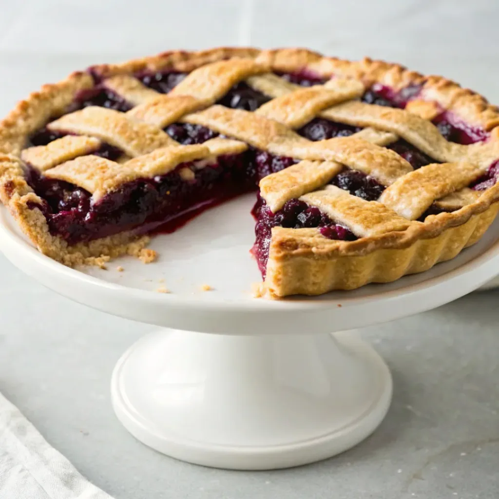 Homemade marionberry pie with juicy dark berries, a flaky golden lattice crust, and a glossy berry filling.
