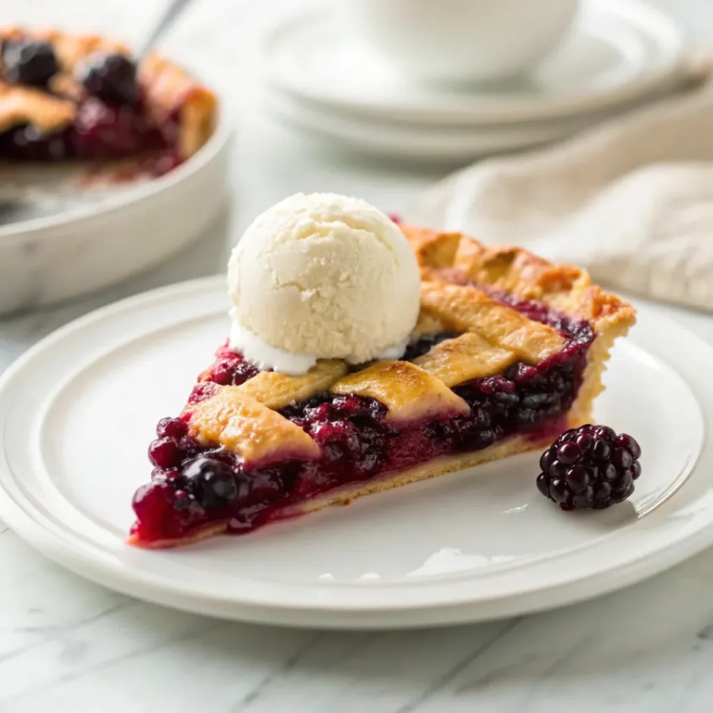 Slice of warm marionberry pie served with vanilla ice cream, fresh berries, and berry sauce.