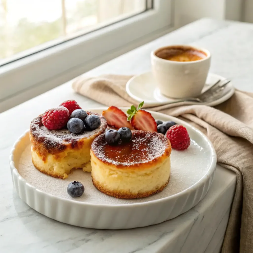 Mini Basque cheesecakes served with fresh berries and espresso.