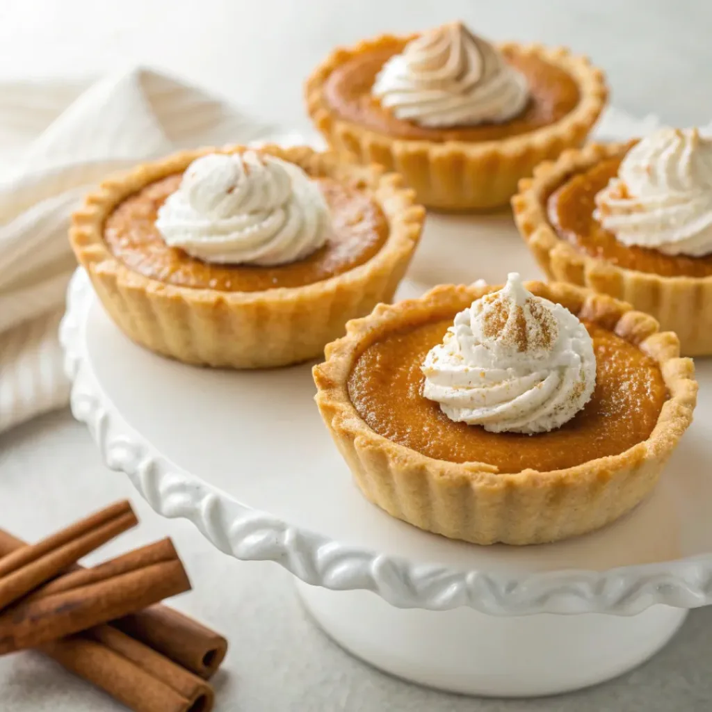 Mini pumpkin pies with flaky crust, creamy pumpkin filling, whipped cream, and cinnamon on a serving platter.