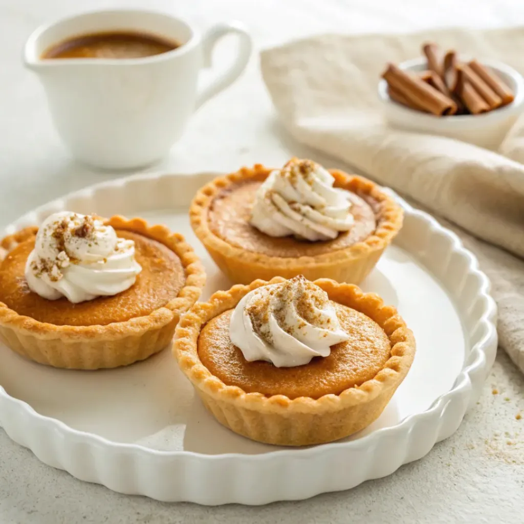 Mini pumpkin pies served with whipped cream, cinnamon, pecans, and hot coffee.