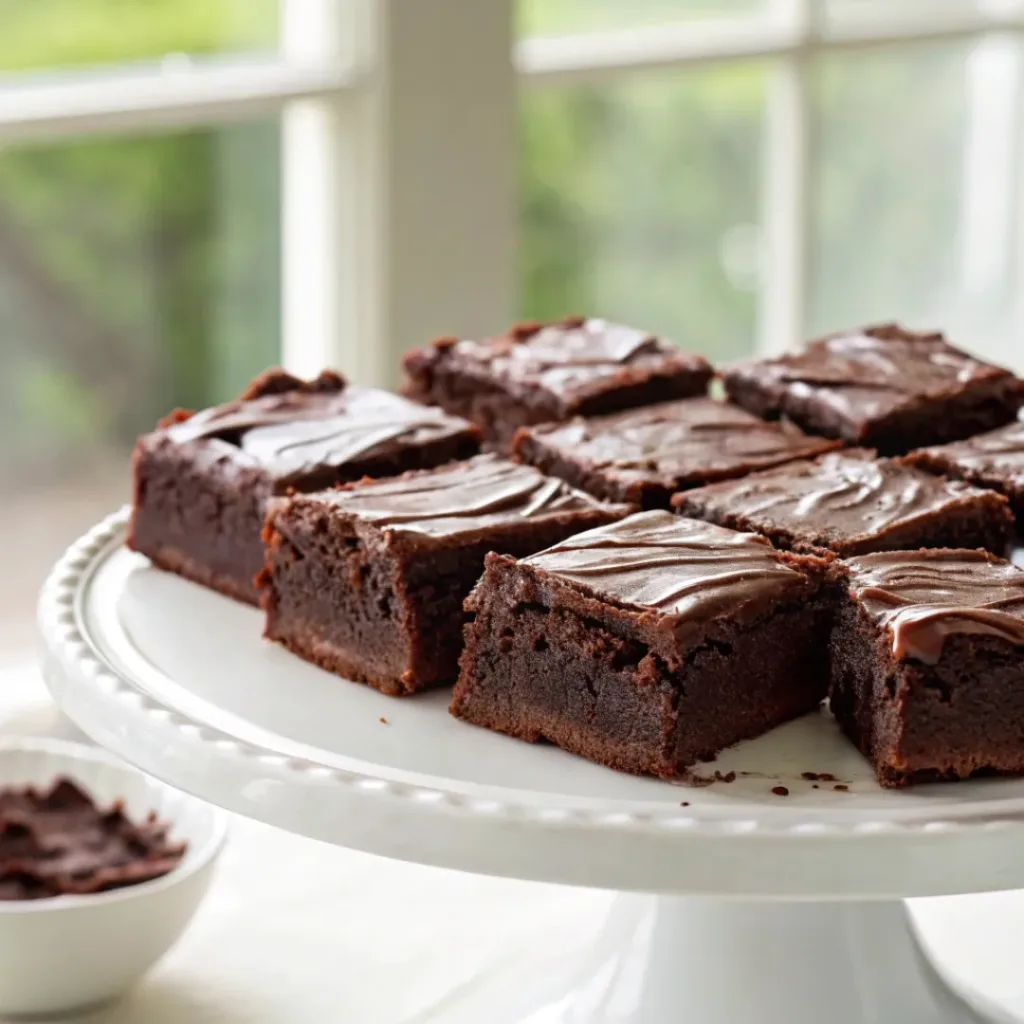 Home 7 Homemade mocha brownies with fudgy chocolate centers, espresso flavor, and chocolate glaze on a serving platter.