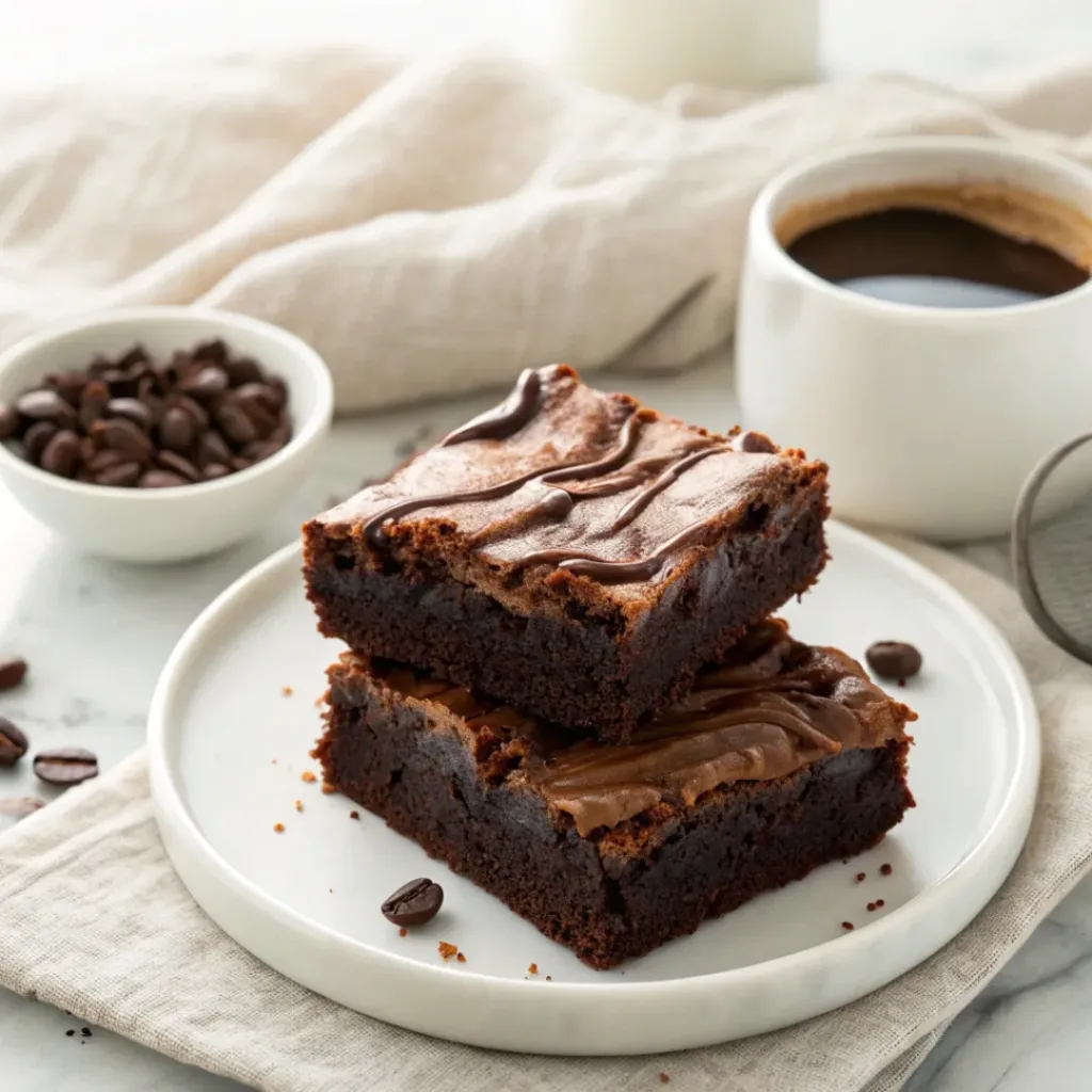 Mocha Brownies - Rich Fudgy Espresso Frosted Squares 8 Fudgy mocha brownies served with coffee, whipped cream, and dark chocolate curls.