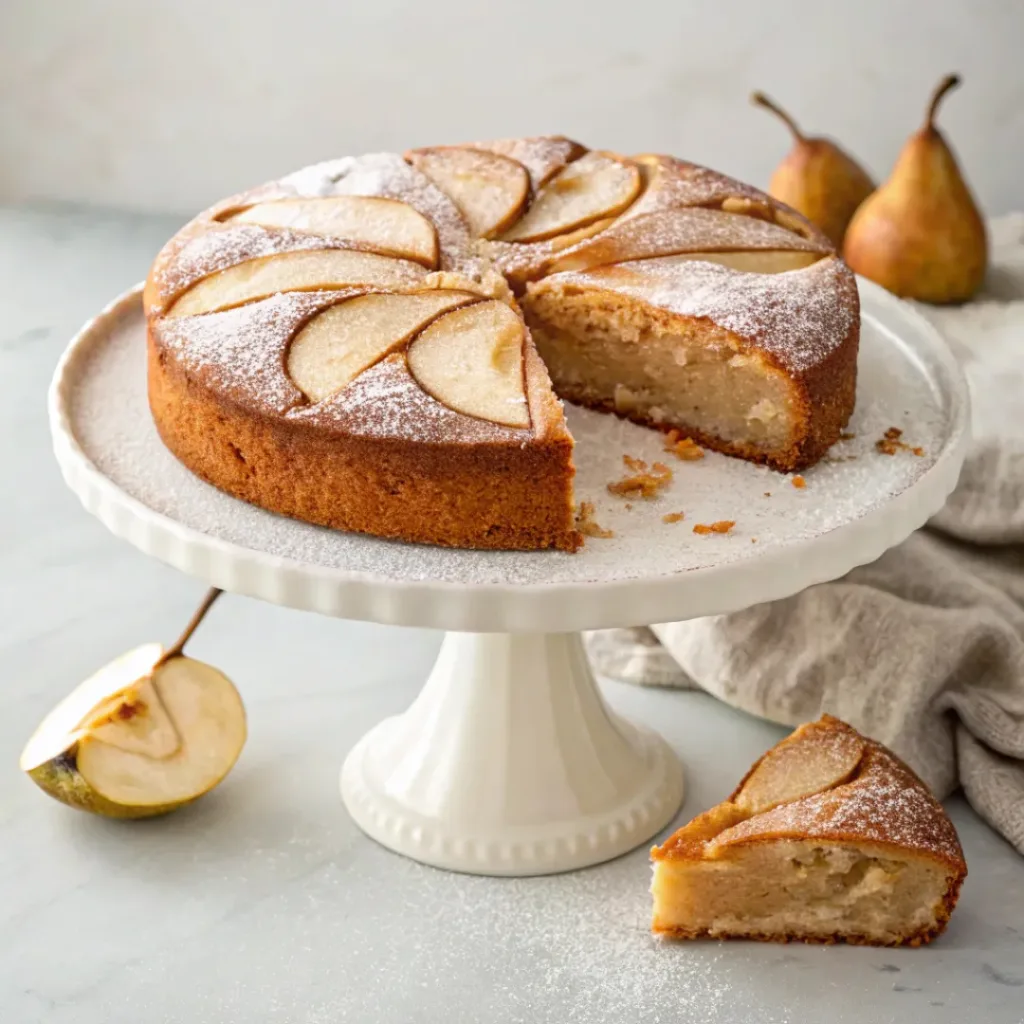 Moist cinnamon pear cake with tender pear slices, warm spices, and a soft golden crumb.