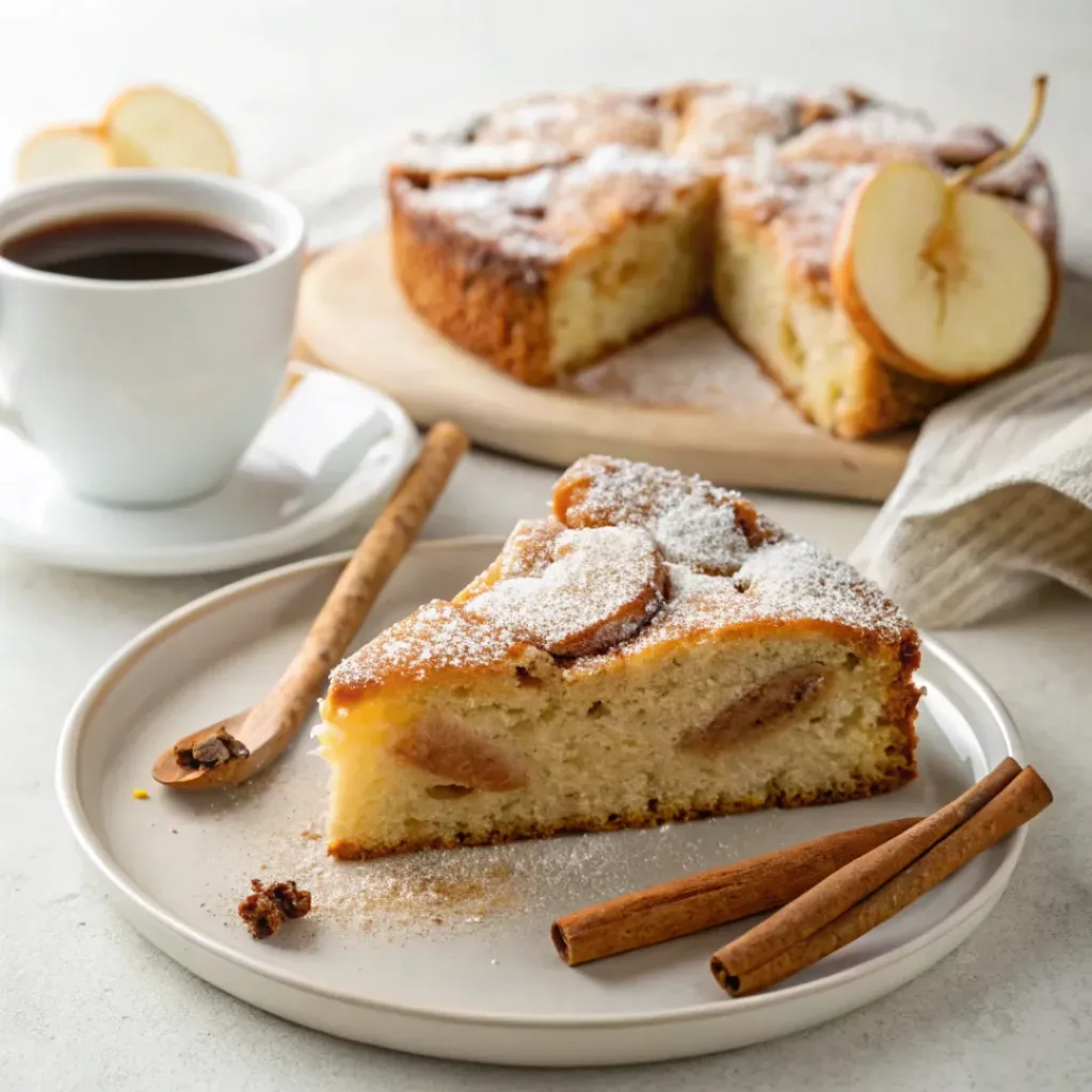 Moist Cinnamon Pear Cake - Tender Spiced Autumn Bakery Dessert 8 Slice of moist cinnamon pear cake served with coffee, fresh pear slices, and a light dusting of powdered sugar.