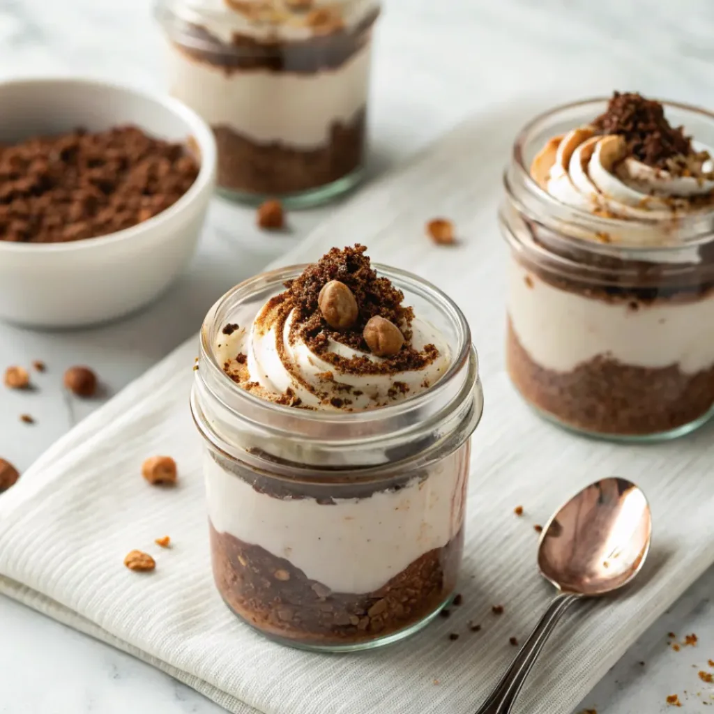Homemade no-bake Nutella cheesecake jars layered with chocolate cookie crumbs and whipped cream.