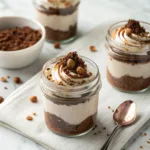 Homemade no-bake Nutella cheesecake jars layered with chocolate cookie crumbs and whipped cream.