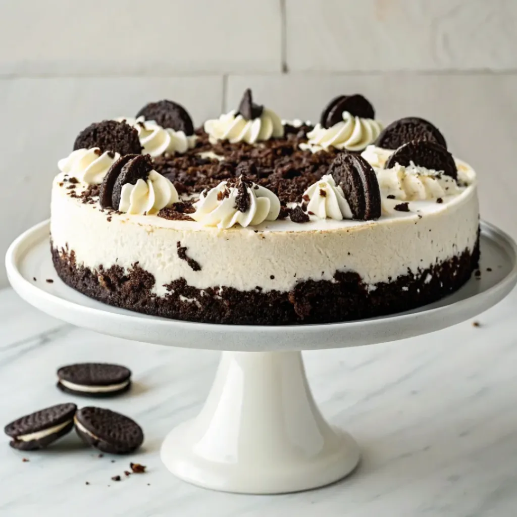 Creamy no-bake Oreo cheesecake with a chocolate cookie crust, Oreo pieces, and whipped cream topping.