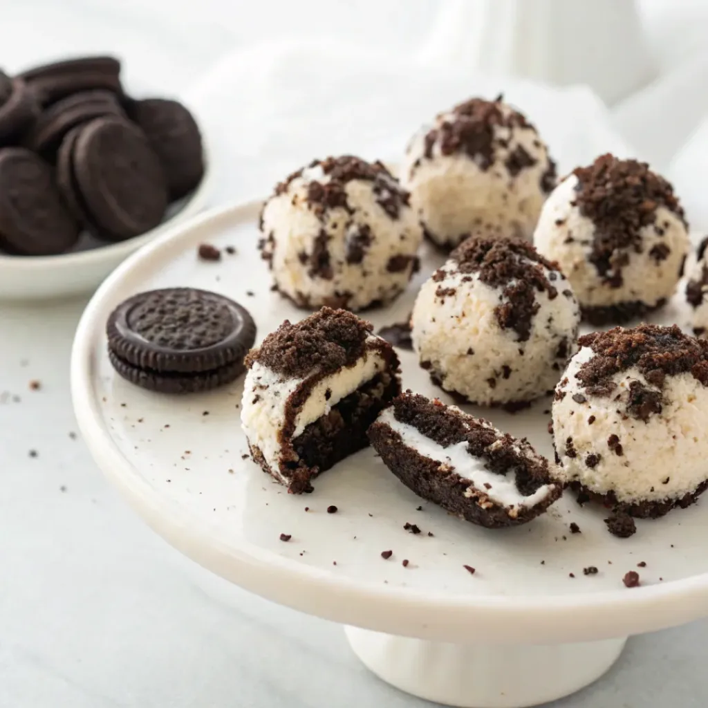 Homemade no-bake Oreo cheesecake bites coated with crushed Oreo cookies on a serving platter.