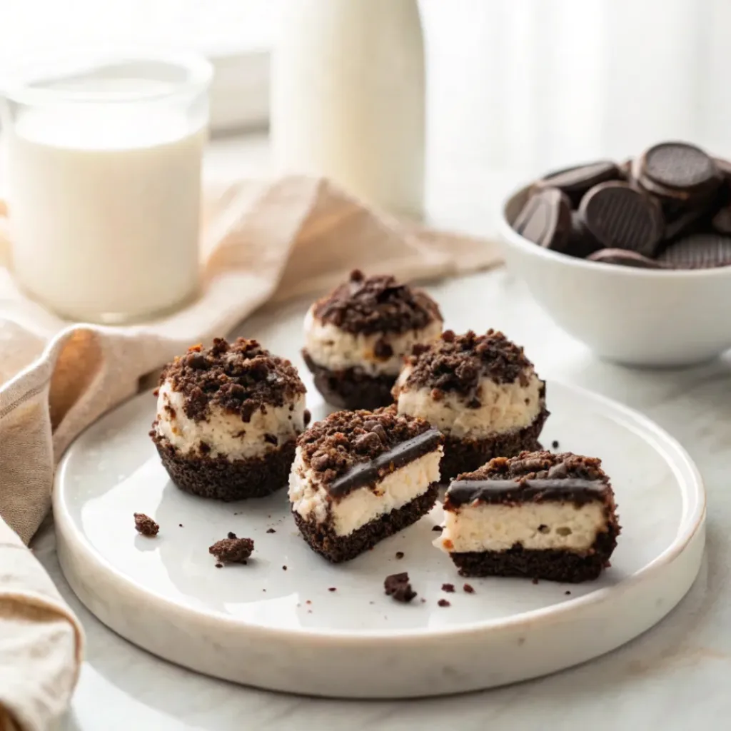 No-bake Oreo cheesecake bites served with a glass of cold milk and chocolate.