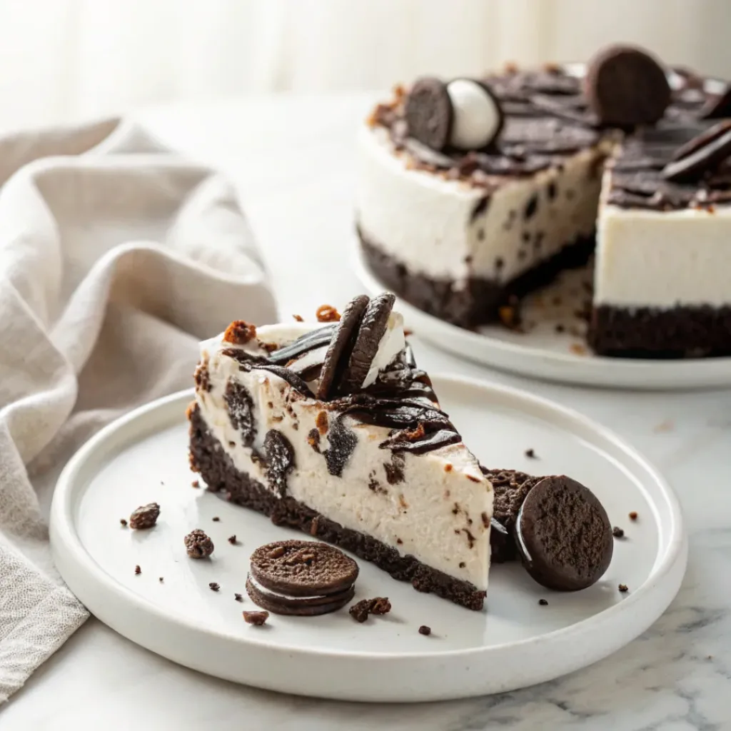 Slice of no-bake Oreo cheesecake served with whipped cream, chocolate sauce, and crushed chocolate cookies.