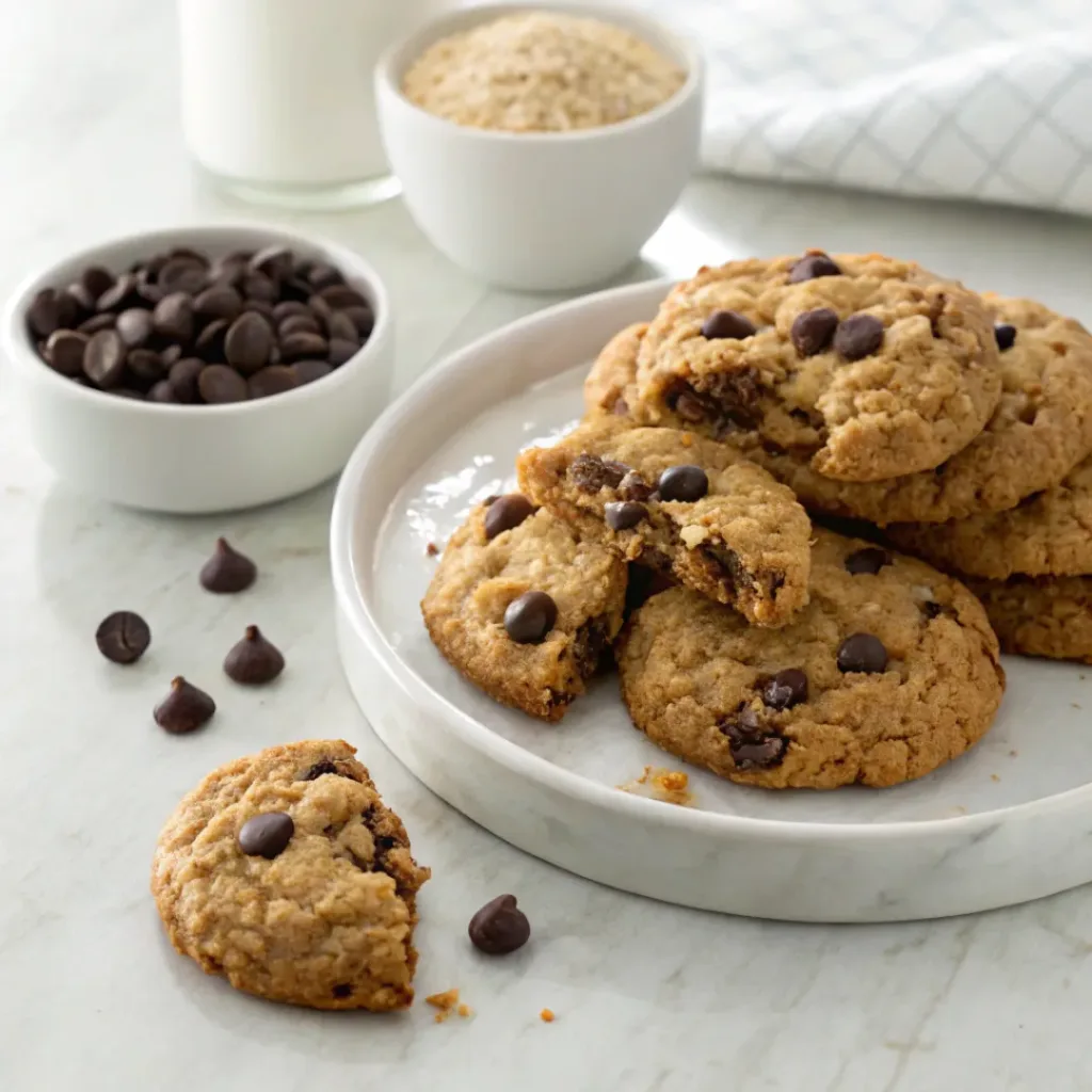Homemade oatmeal chocolate chip cookies with crispy edges, chewy centers, and melted chocolate chips on a serving platter.