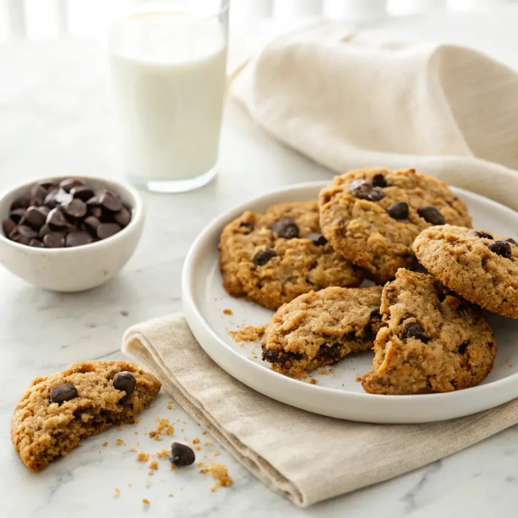 Oatmeal chocolate chip cookies served with a glass of cold milk.