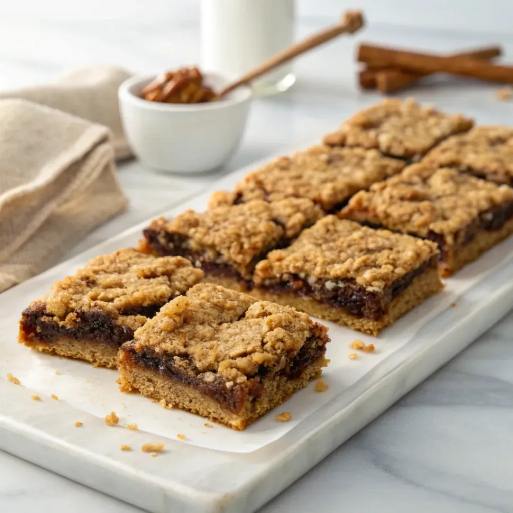 Home 8 Homemade oatmeal date bars with chewy date filling and golden buttery oat crumble topping.