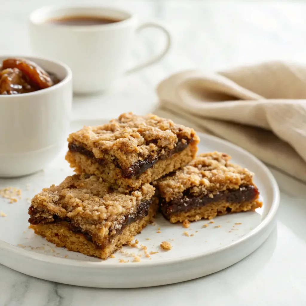 Chewy oatmeal date bars served with coffee, fresh dates, walnuts, and a light dusting of powdered sugar.