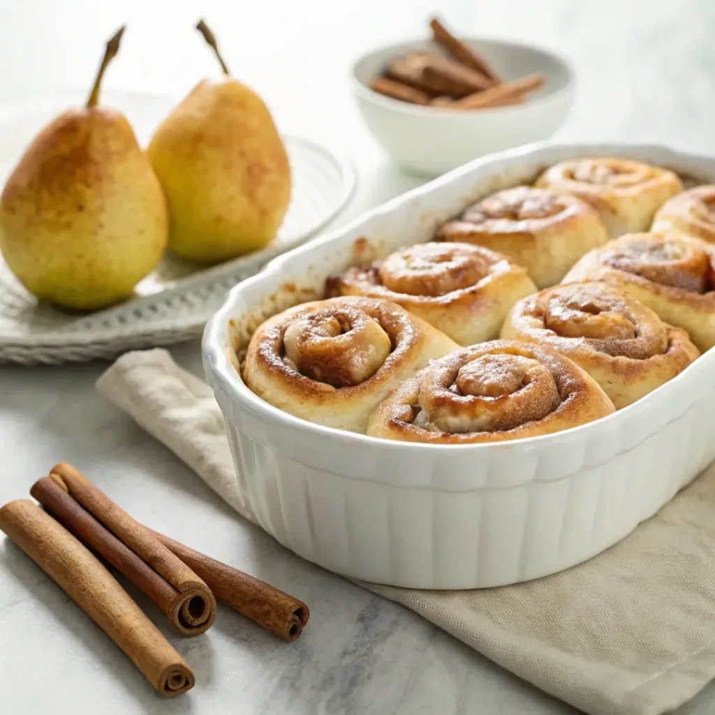 Homemade pear cinnamon rolls with tender pears, cinnamon sugar filling, and creamy maple glaze.