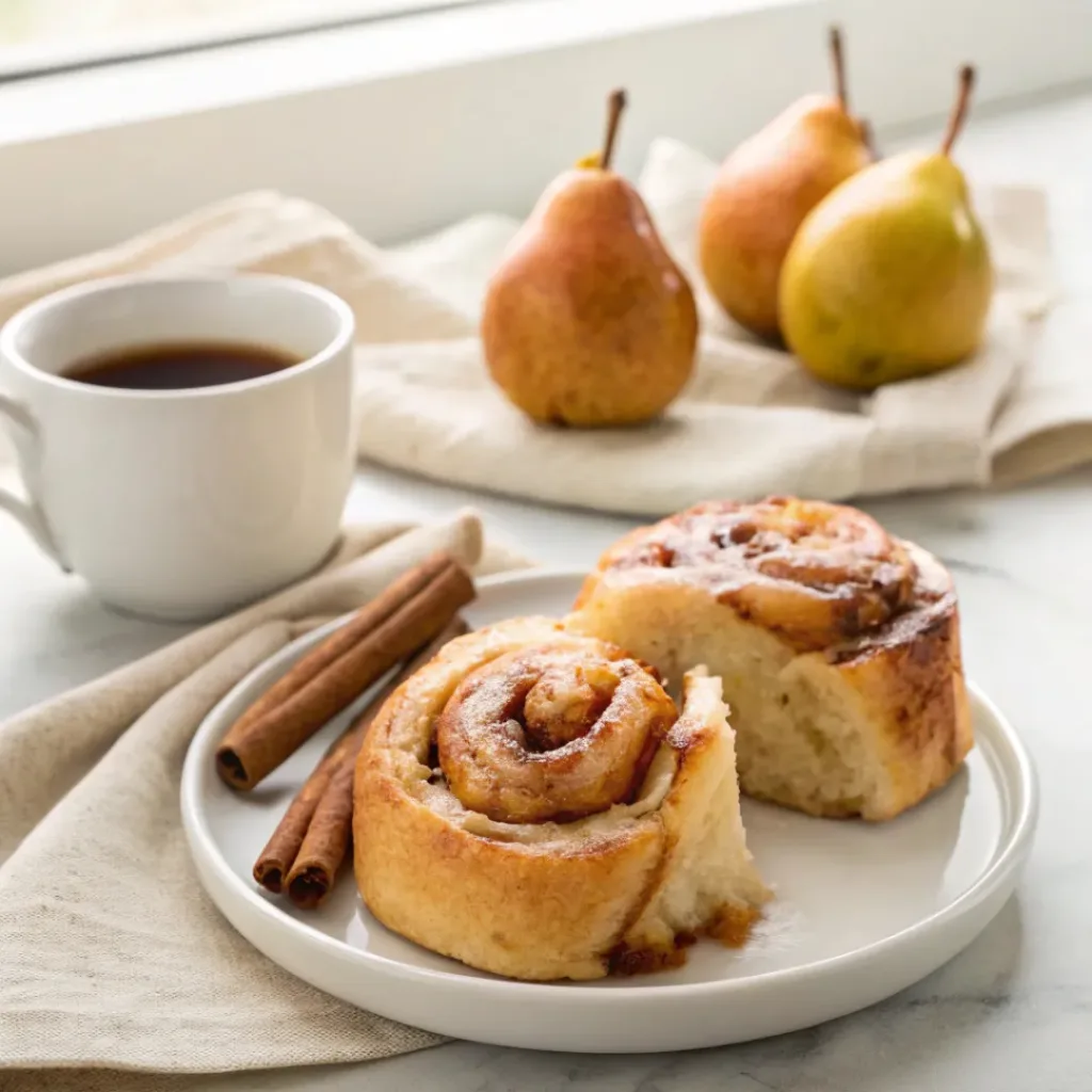 Warm pear cinnamon rolls with maple glaze served with coffee, fresh pears, and cinnamon.