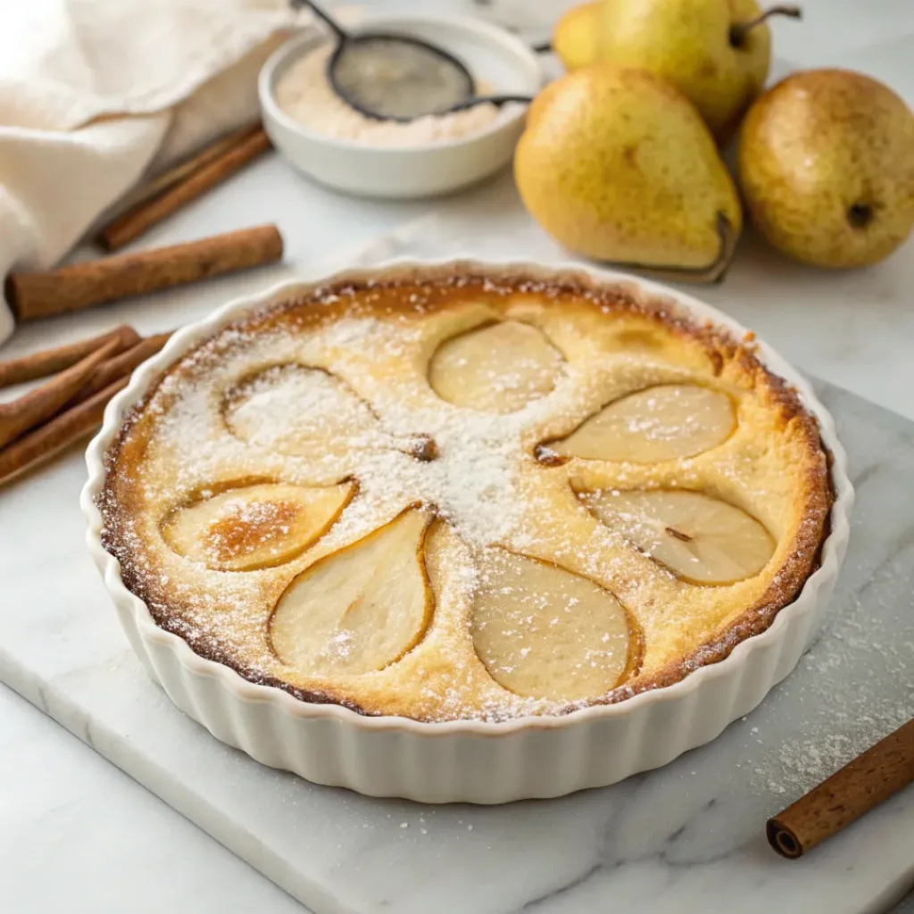 Home 6 Classic pear clafoutis with tender pears baked in a soft golden custard and dusted with powdered sugar.