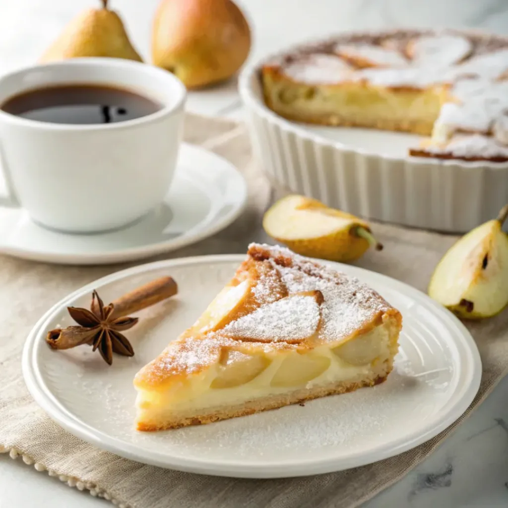 Warm pear clafoutis served with coffee, powdered sugar, fresh pear slices, and vanilla.