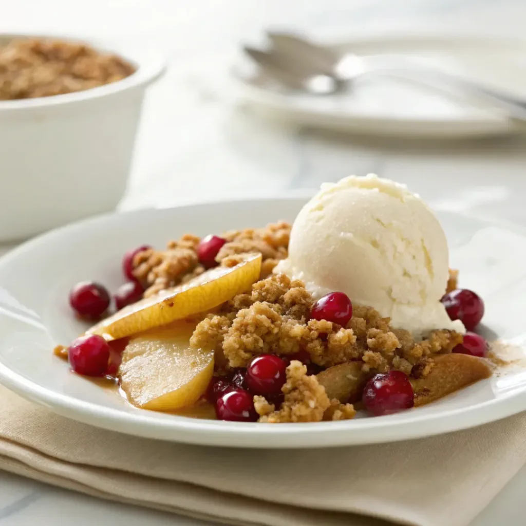 Warm pear cranberry crisp topped with vanilla ice cream, fresh cranberries, and golden oat crumble.