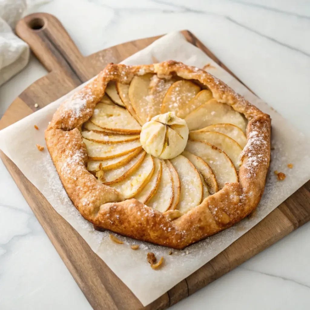Rustic pear galette with creamy almond filling, sliced pears, and a golden flaky pastry crust.