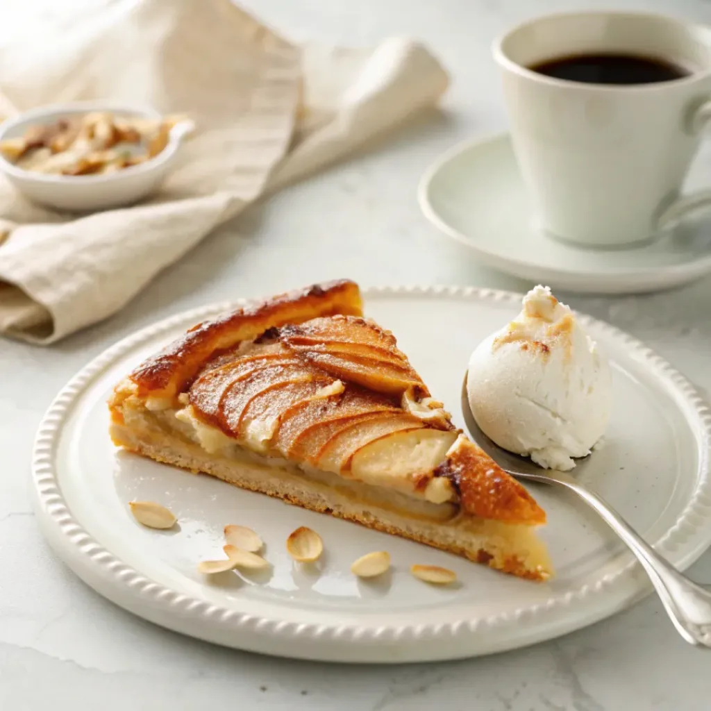 Slice of pear galette with creamy almond filling served with whipped cream, toasted almonds, and coffee.