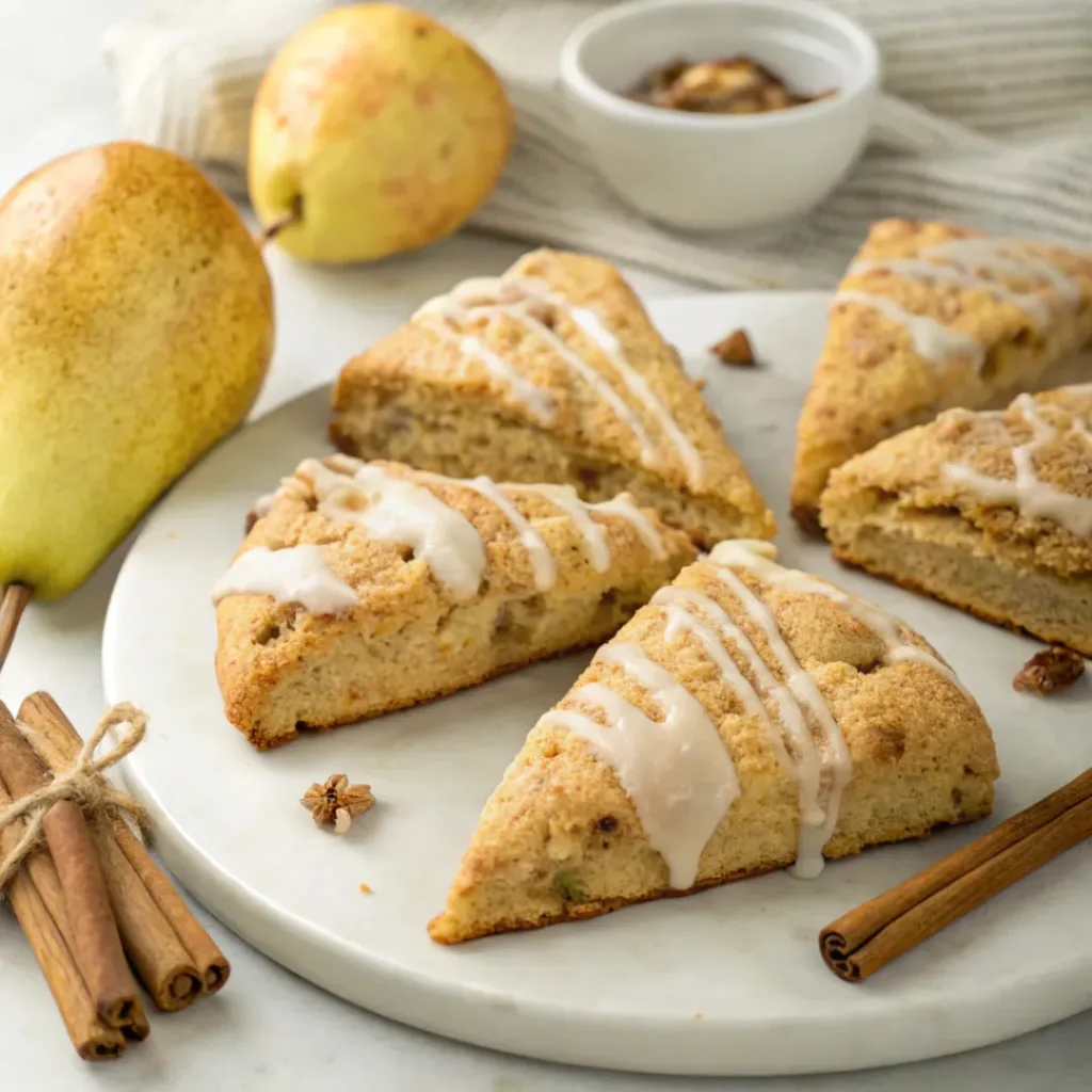 Flaky pear ginger scones with tender pear pieces, warm ginger, and a sweet vanilla glaze.
