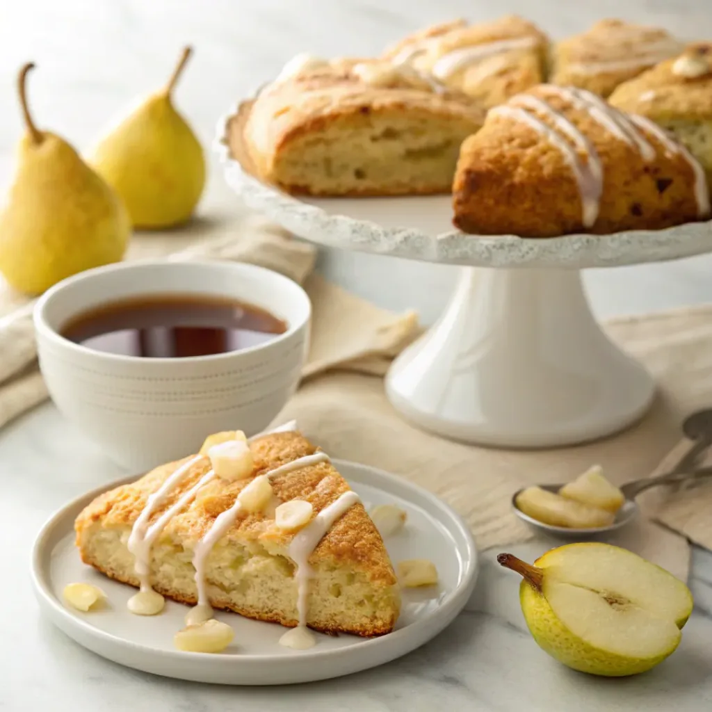 Golden pear ginger scone with vanilla glaze served with tea, fresh pear slices, and ginger.