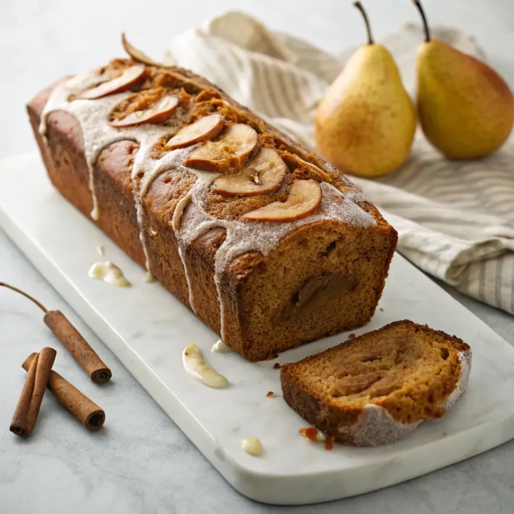 Moist pear gingerbread loaf with tender pear slices, warm spices, and a sweet spiced glaze.