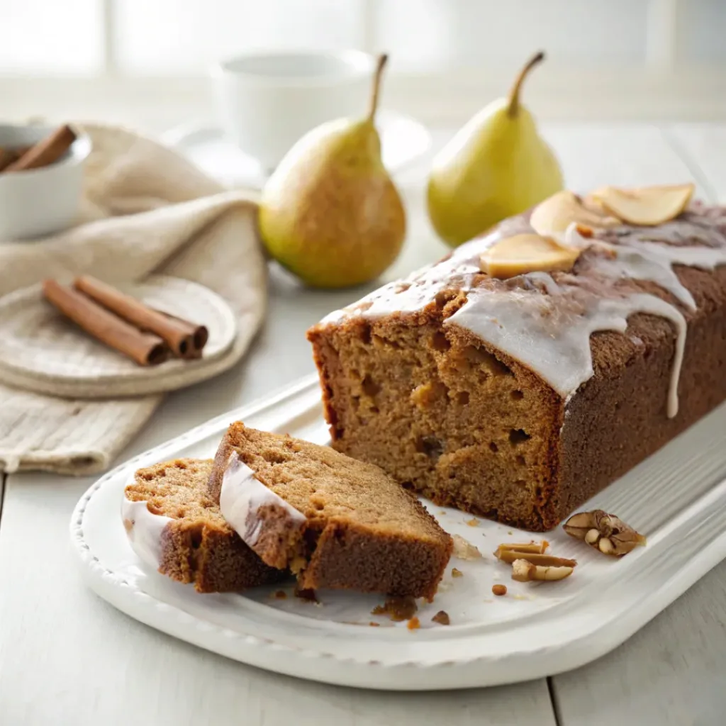 Slice of moist pear gingerbread loaf served with coffee, fresh pears, ginger, and warm spices.