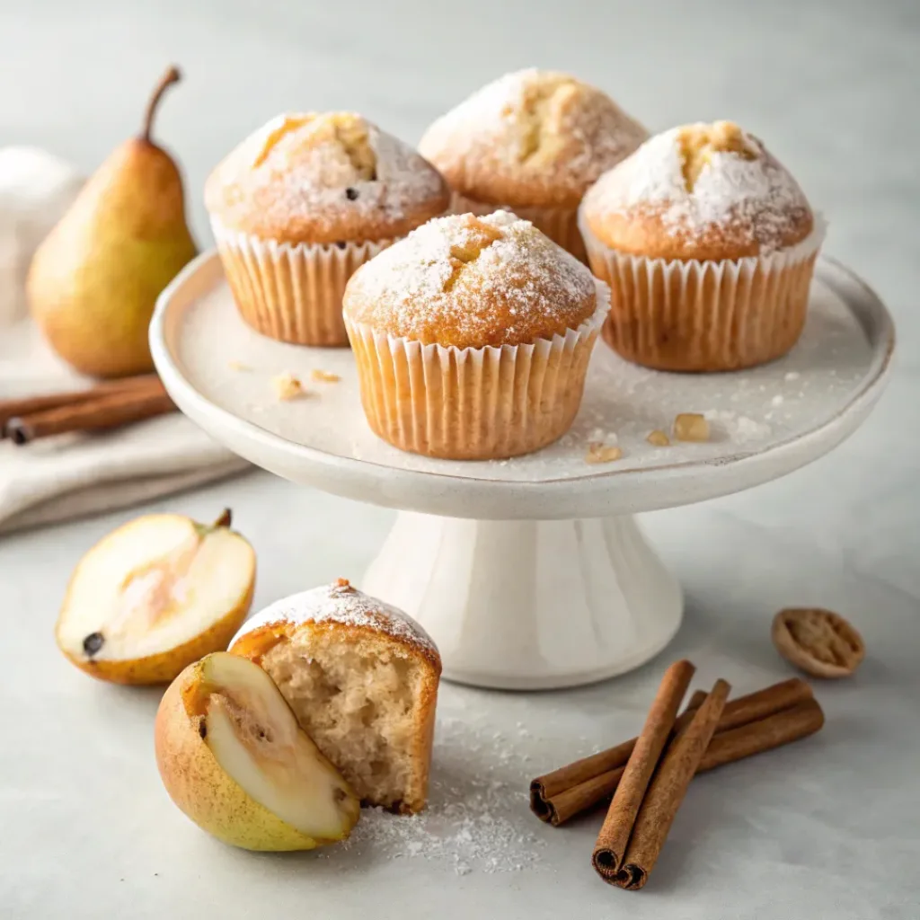 Home 8 Homemade pear muffins with tender pears, warm cinnamon, and golden bakery-style tops on a serving platter.