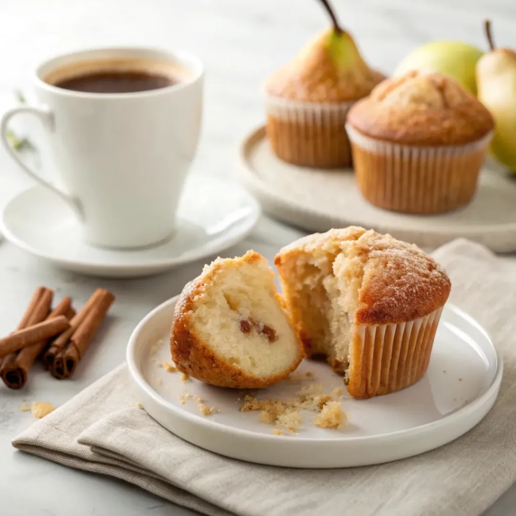 Pear Muffins - Soft Spiced Streusel Bakery Treats 8 Pear muffins served with hot coffee, fresh pear slices, and cinnamon butter.