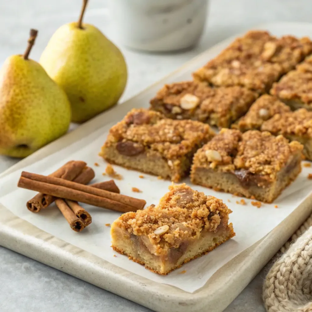 Homemade pear oat bars with tender spiced pear filling and a golden buttery oatmeal crumble topping.