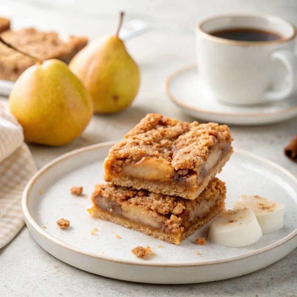 Pear Oat Bars - Soft Spiced Wholesome Breakfast Treats 8 Warm pear oat bars served with vanilla ice cream, cinnamon, toasted pecans, and fresh pear slices.