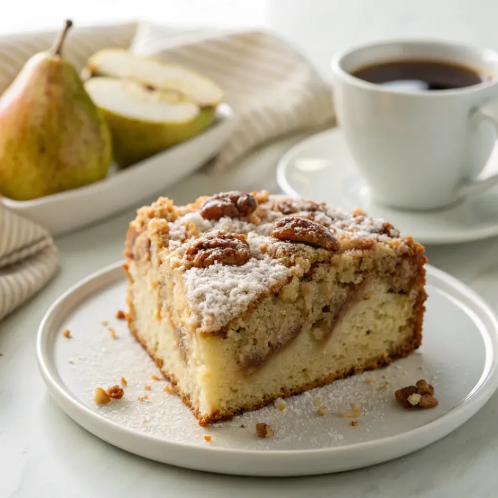 Slice of pear streusel coffee cake served with coffee, toasted pecans, fresh pears, and cinnamon.
